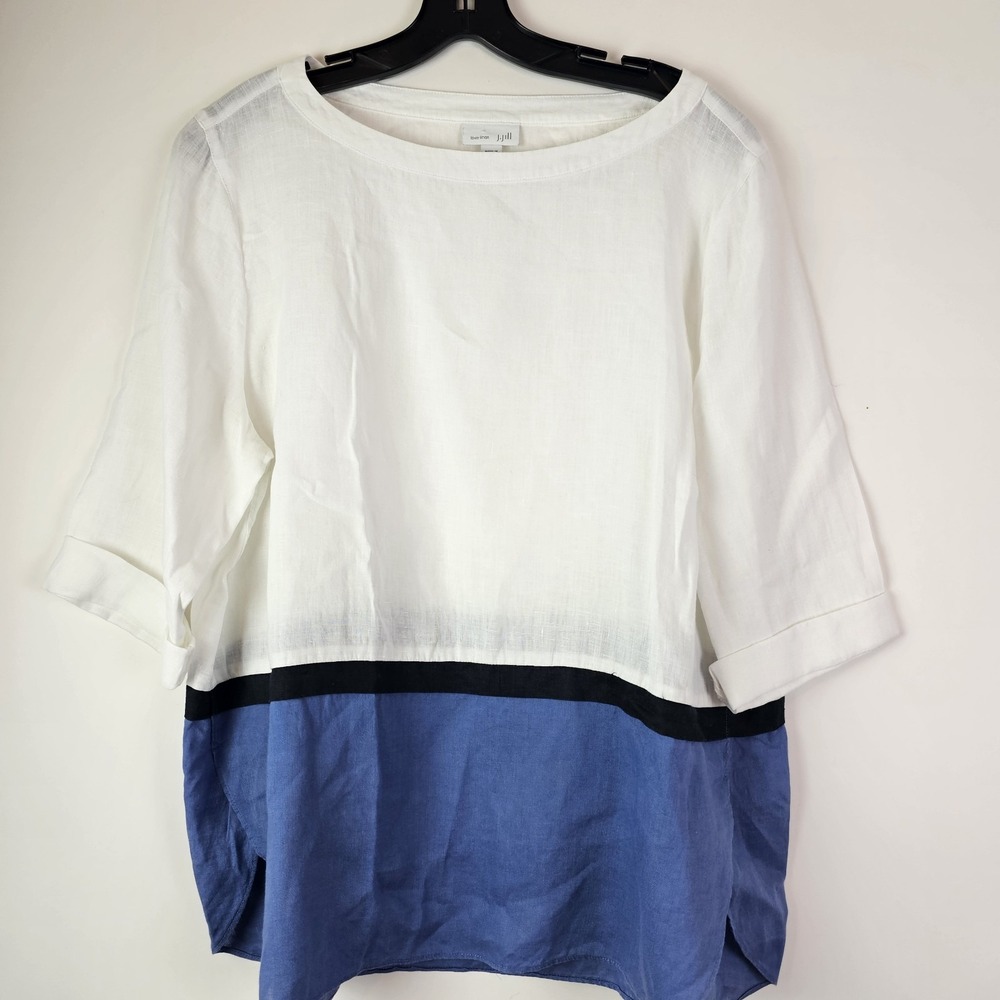 J Jill Love Linen Top Large Blue White Colorblock Boxy Shirt Womens Lagenlook